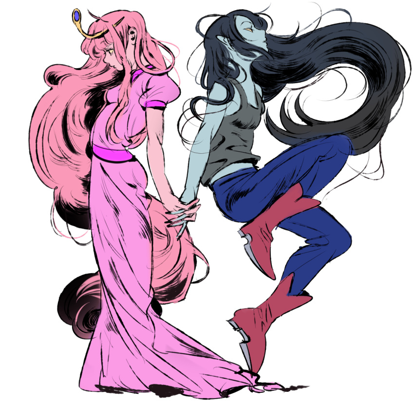 2girls, adventure_time, back-to-back, black_hair, dress, floating, grey_skin, highres, holding_hands, interlocked_fingers, long_hair, marceline_abadeer, multiple_girls, nangnak, pink_dress, pink_hair, pink_skin, pointy_ears, princess_bonnibel_bubblegum, tank_top, tiara, very_long_hair