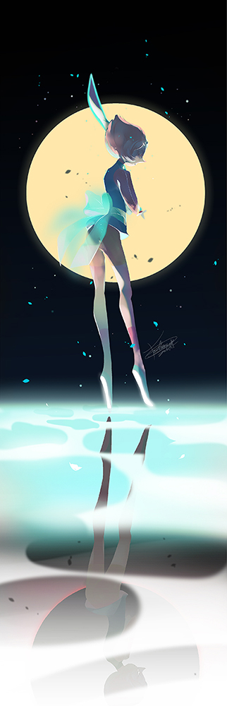 back, bare_arms, brown_hair, emase_(foxmoon), full_body, full_moon, glowing, holding