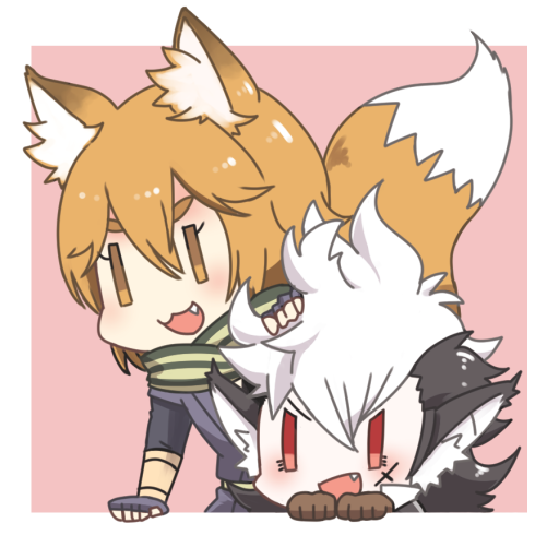 >:d, 2boys, :3, :d, animal_ears, brown_eyes, brown_gloves, chibi, eyelashes, fang, fingerless_gloves, fire_emblem, fire_emblem_if, flannel_(fire_emblem_if), fox_boy, fox_ears, gloves, hallco, hand_in_another's_hair, japanese_clothes, male_focus, multiple_boys, nishiki_(fire_emblem_if), open_mouth, red_eyes, scarf, smile, wolf_boy, |_|