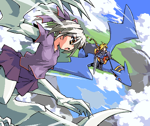 dragon, flying, grey_hair, lowres, oekaki, original, redrantem, redrantem's_orange_haired_girl