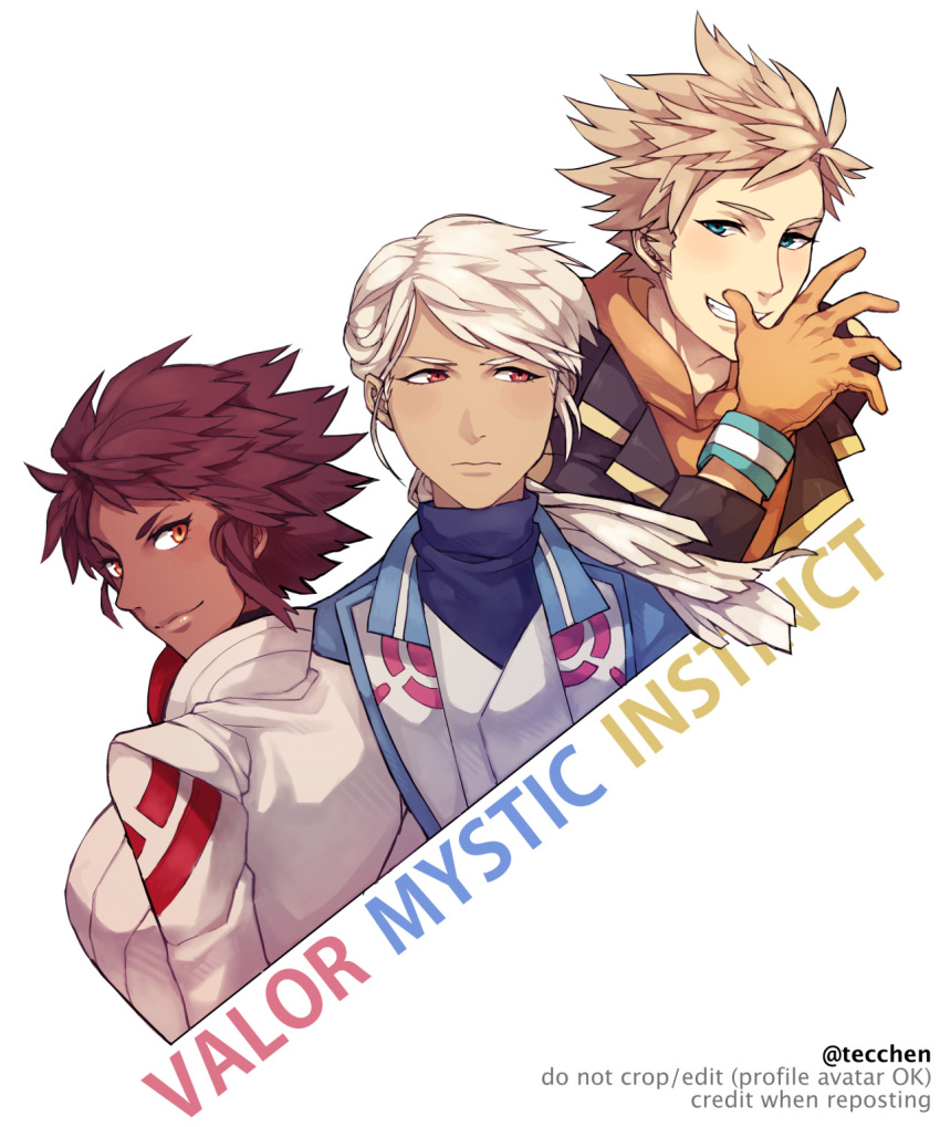 1boy, 2girls, androgynous, blanche_(pokemon), blonde_hair, blue_eyes, brown_eyes, candela_(pokemon), dark_skin, gloves, highres, looking_back, multiple_girls, orange_gloves, pokemon, pokemon_go, ponytail, red_eyes, spark_(pokemon), team_instinct, team_mystic, team_valor, tecchen, turtleneck, twitter_username, upper_body, watermark, white_hair, yellow_eyes