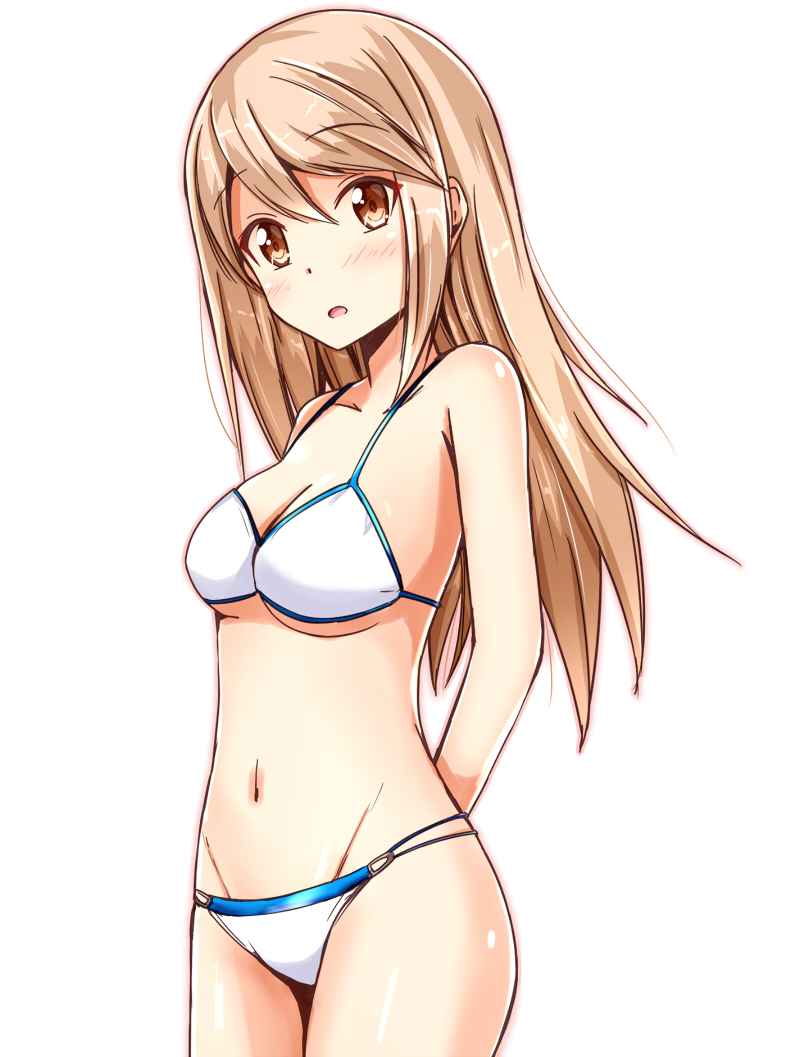 1girl, aikawa_ryou, arms_behind_back, bikini, blush, breasts, brown_eyes, brown_hair