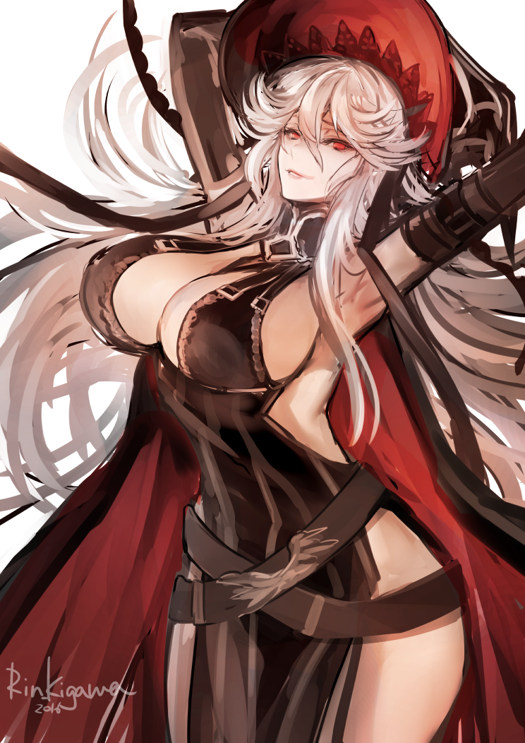 1girl, 2016, armpits, arms_behind_head, arms_up, artist_name, bangs, beltskirt