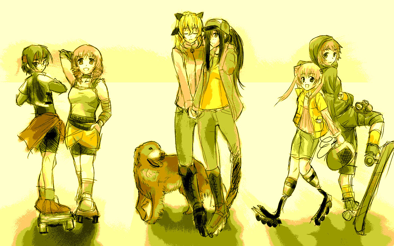 alternate_hairstyle, amputee, bike_shorts, black_hair, blonde_hair, brown_hair, casual, closed_eyes, dog, drill_hair, gas_mask, glasses, hair_over_one_eye, hakamichi_shizune, hand_in_pocket, hat, headband, holding, holding_hands, hooded_jacket, ibarazaki_emi, ikezawa_hanako, inline_skates, katawa_shoujo, mikado_shiina, multiple_girls, niji_(katawa_shoujo), open_mouth, pink_hair, ponytail, prosthesis, raide, ribbon, roller_skates, satou_lilly, shorts, skateboard, skates, sketch, tezuka_rin, twin_drills, twintails, wallpaper