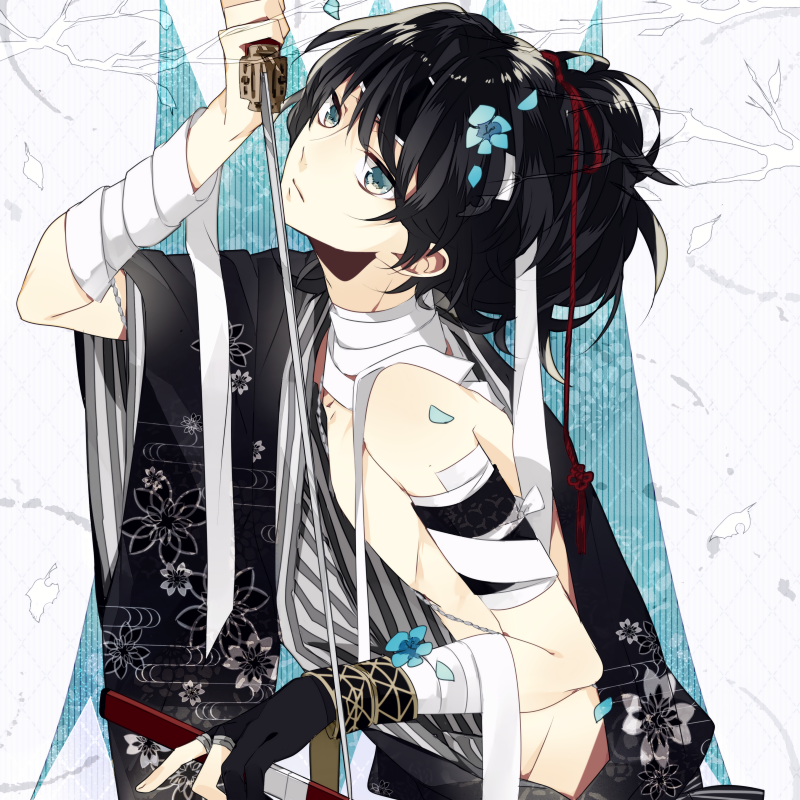 1boy, adonis_belt, bandages, black_hair, blue_eyes, branch, gloves, holding