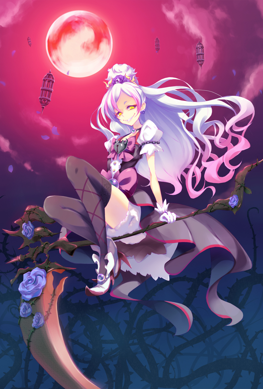 1girl, black_legwear, blue_rose, cure_flora, dark_persona, flower, full_moon, gloves