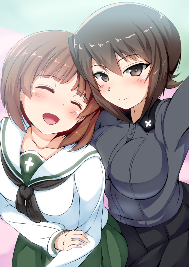 2girls, ^_^, ^o^, blush, breasts, brown_eyes, brown_hair, closed_eyes