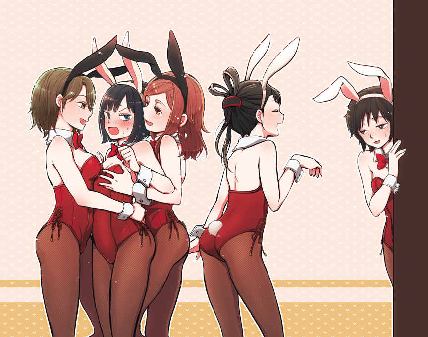 5girls, ^_^, animal_ears, arm_around_waist, ass, back, bangs, bare_shoulders