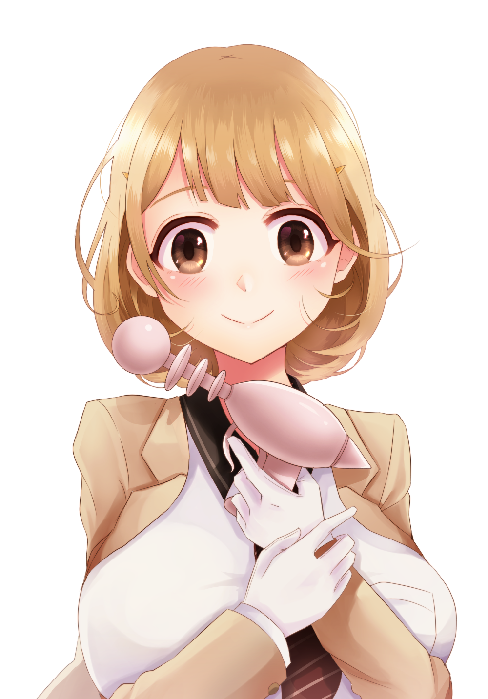 1girl, breasts, brown_eyes, brown_hair, energy_gun, furirepu, gloves, highres, looking_at_viewer, medium_breasts, narusawa_ryouka, occultic;nine, ray_gun, short_hair, simple_background, smile, solo, upper_body, weapon, white_background, white_gloves
