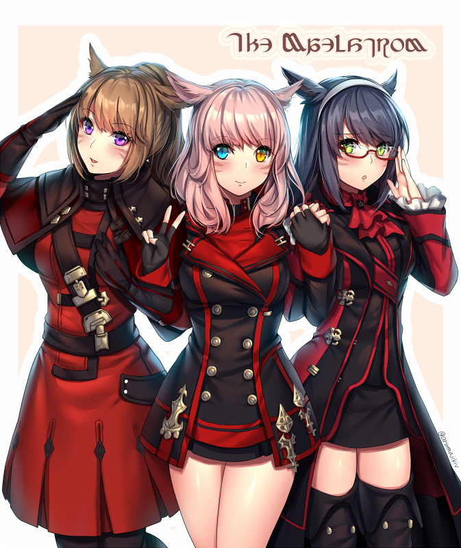3girls, :d, :o, adjusting_glasses, animal_ears, aruma_jiki, black_coat, black_hair