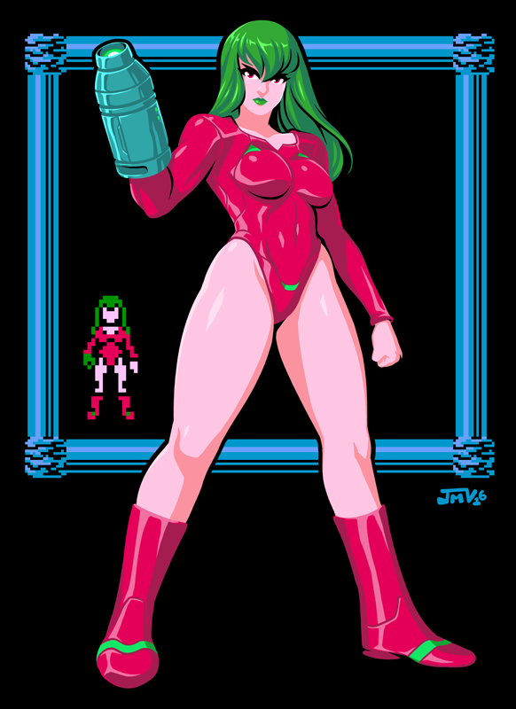 1girl, alternate_costume, arm_cannon, boots, breasts, clenched_hand, full_body, green_hair
