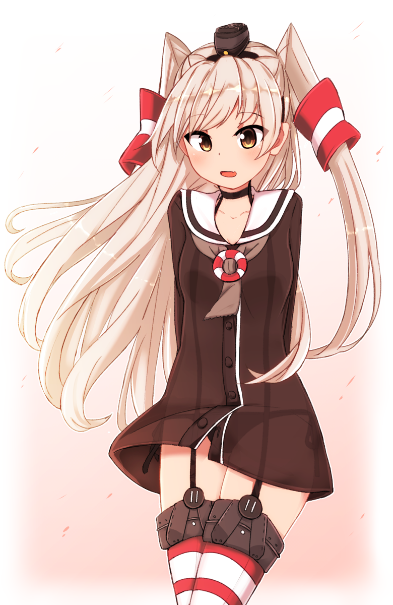 1girl, amatsukaze_(kantai_collection), arms_behind_back, black_dress, black_panties, blush, brown_eyes, chawan