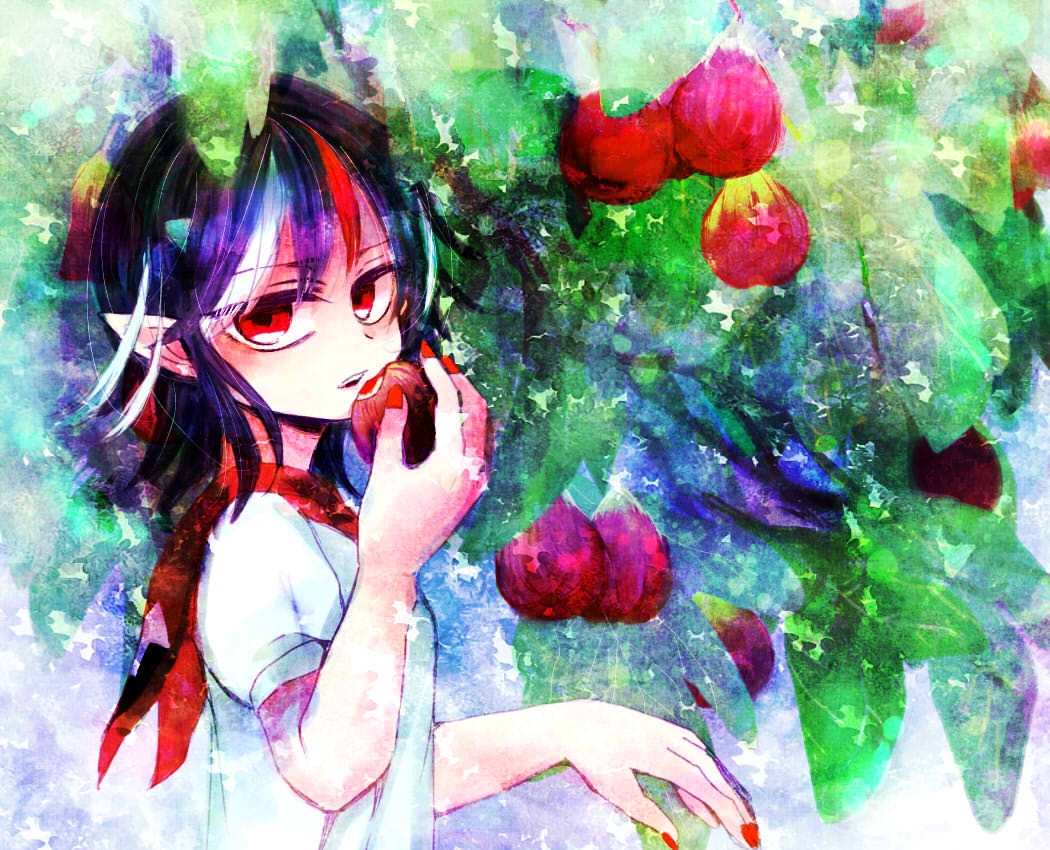 1girl, eating, fig, food, fruit, horns, kijin_seija, looking_at_viewer