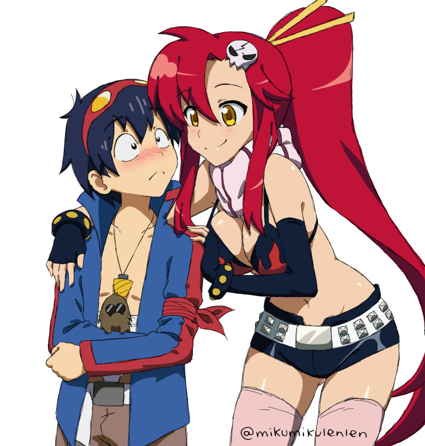 1boy, 1girl, ariamikukanzaki, armband, asymmetrical_gloves, bare_shoulders, belt, bikini_top