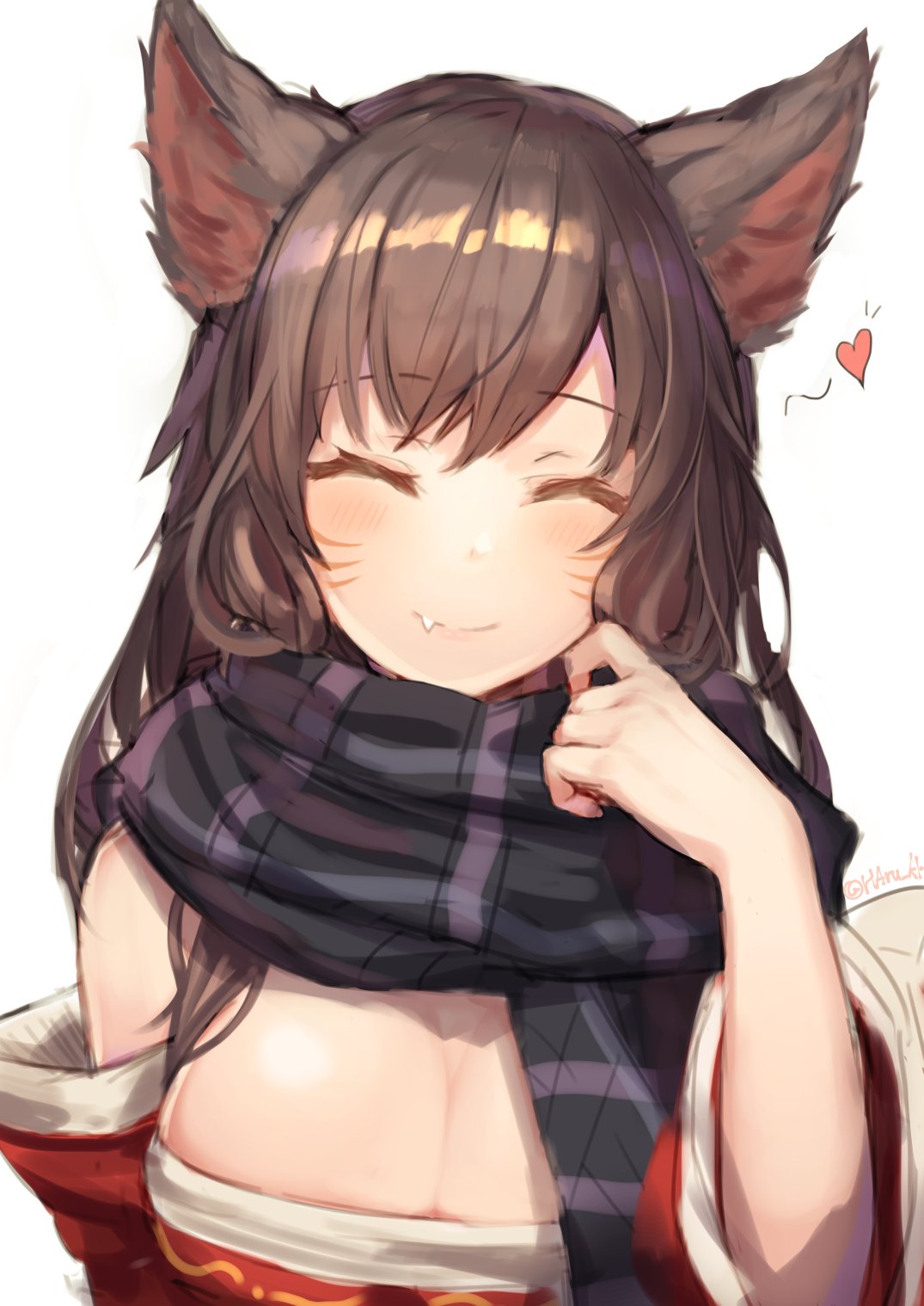1girl, ahri, animal_ears, ato_(haru_ato), blush, breasts, brown_hair, cleavage, closed_eyes, detached_sleeves, fox_ears, heart, highres, large_breasts, league_of_legends, long_hair, scarf, smile, solo, upper_body, whisker_markings