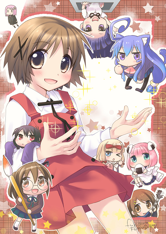6+girls, a_channel, acchi_kocchi, ahoge, animal_ears, blue_eyes, blue_hair, brown_eyes