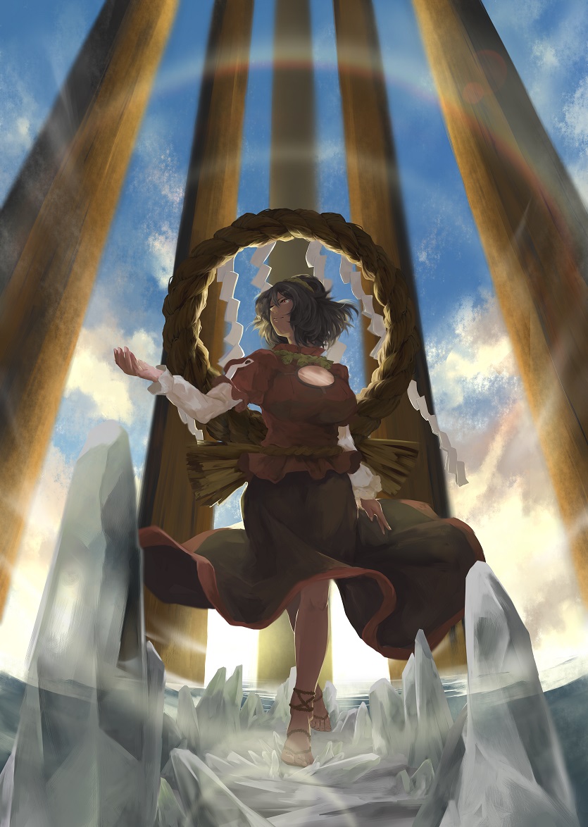 1girl, backlighting, black_skirt, blue_hair, clouds, cloudy_sky, commentary_request, day, full_body, hair_bun, hairband, ice, lens_flare, long_skirt, long_sleeves, mirror, onbashira, puffy_short_sleeves, puffy_sleeves, rainbow, red_eyes, red_shirt, rope, sandals, shimenawa, shirt, short_hair, short_sleeves, skirt, sky, solo, tohya, touhou, walking, walking_on_ice, yasaka_kanako