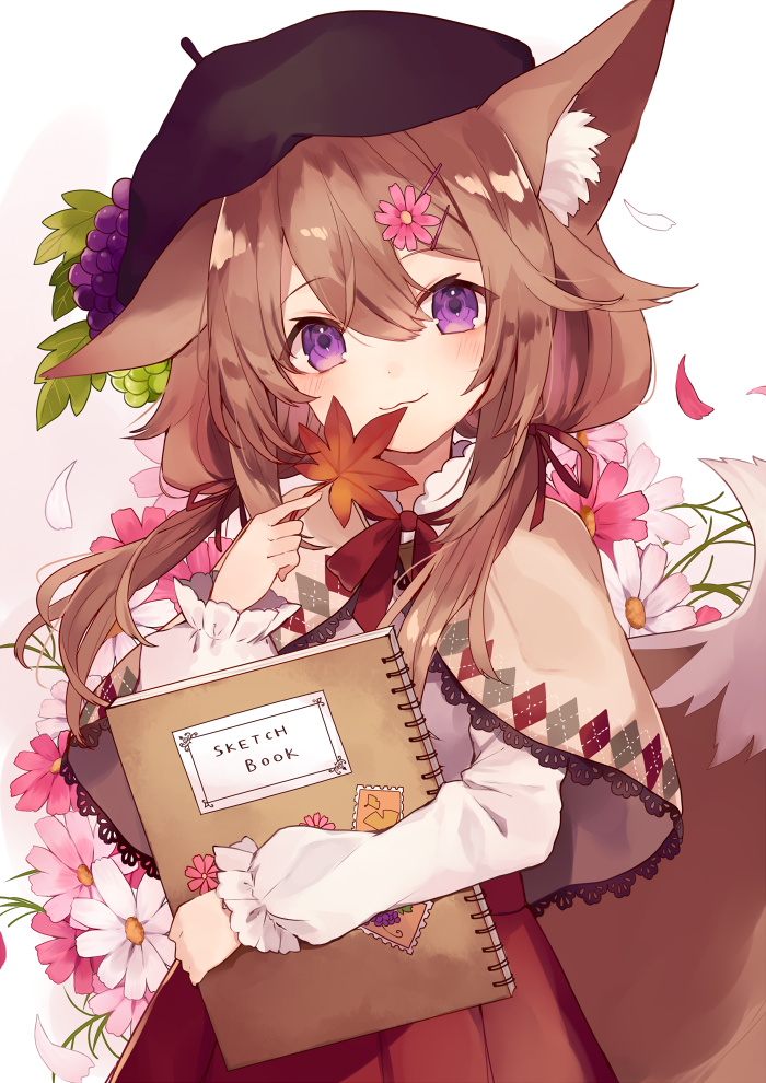 1girl, :3, animal_ears, beret, brown_hair, capelet, floral_background, flower