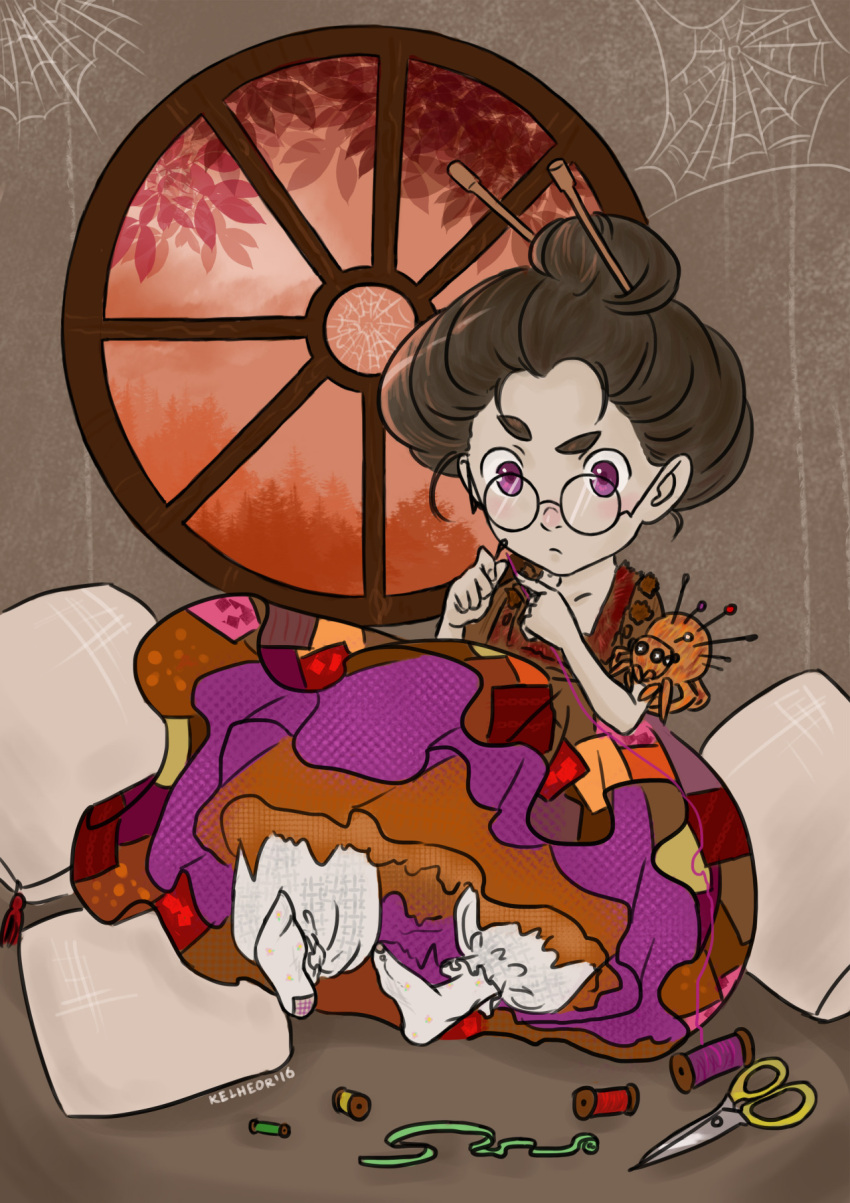 eugenia_beilschmidt, hair_bun, highres, kelheor, original, silk, solo, spider_web