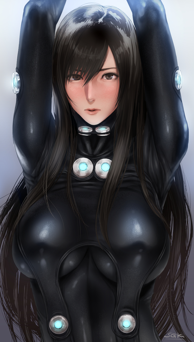 1girl, arms_up, blush, breasts, brown_eyes, gantz, gantz_suit, highres