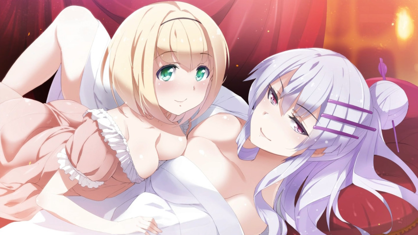 2girls, artist_request, asymmetrical_docking, blonde_hair, blush, breast_press, breasts, cleavage