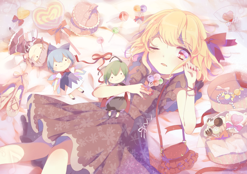 1girl, absurdres, bag, bead_bracelet, beads, black_dress, blonde_hair, bow, box, bracelet, candy, candy_wrapper, character_doll, cirno, commentary_request, dress, floral_print, frilled_bag, gift, gift_box, gift_wrapping, hair_ribbon, hand_over_eye, handbag, heart-shaped_food, highres, jewelry, knees_together, lollipop, lying, mystia_lorelei, on_back, one_eye_closed, red_bow, red_eyes, red_ribbon, ribbon, rumia, senju_(uroakono), sleeveless, solo, sweets, swirl_lollipop, tears, touhou, wriggle_nightbug