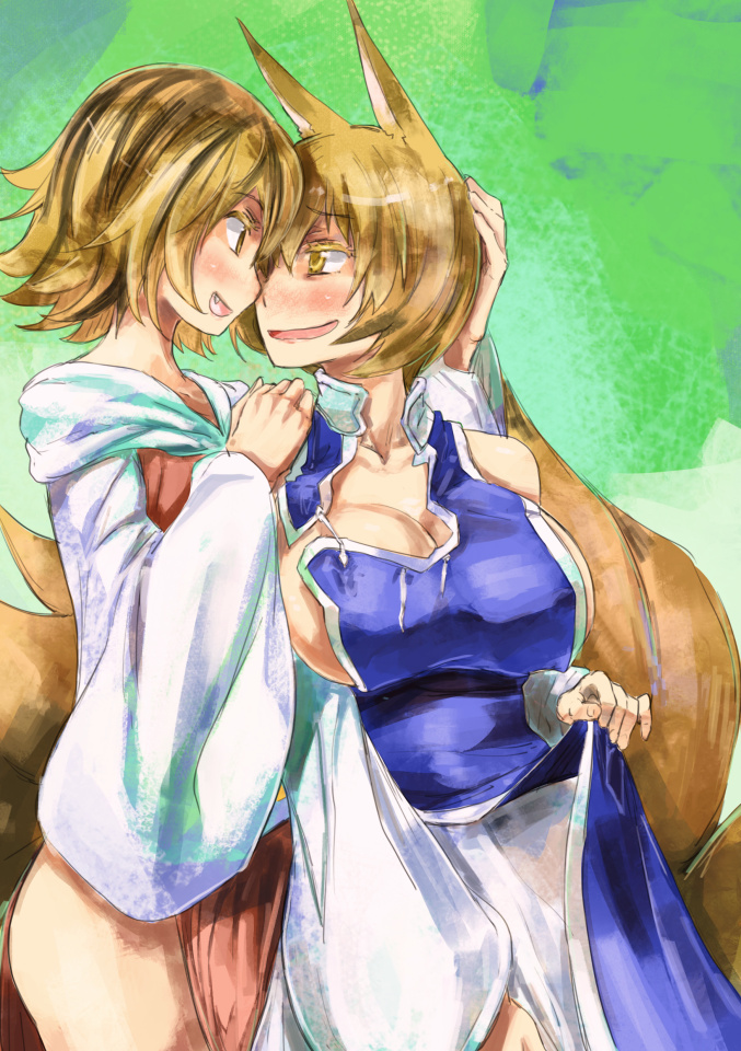 2girls, animal_ears, bare_shoulders, blush, breasts, eye_contact, fang, fox_ears