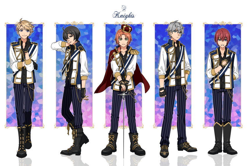 5boys, ahoge, black_gloves, black_hair, blonde_hair, blue_eyes, boots, cape
