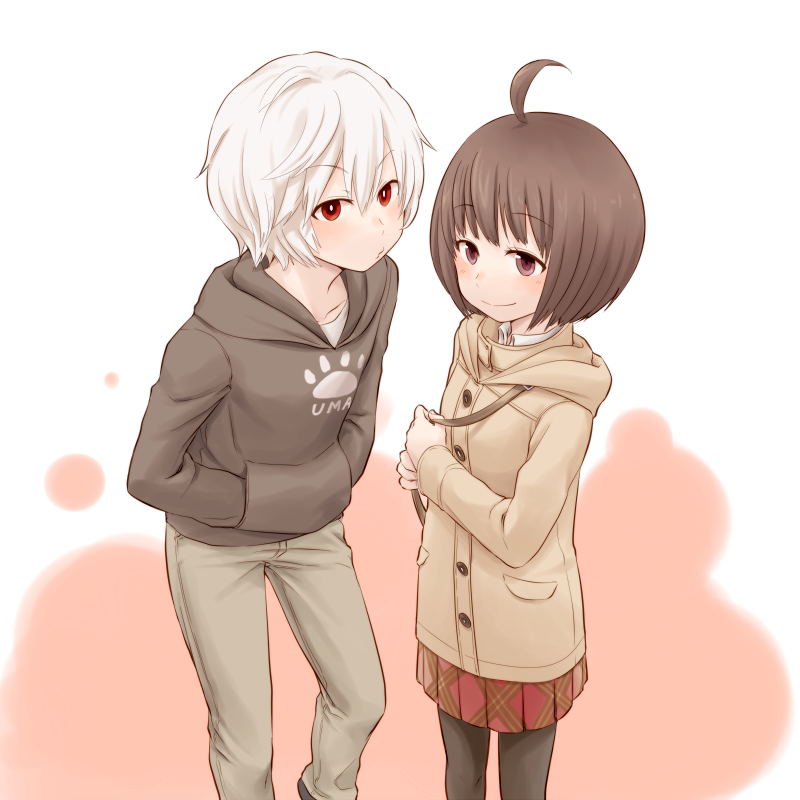 1boy, 1girl, ahoge, amatori_chika, black_legwear, blush, brown_hair, closed_mouth, coat, denim, eyebrows, eyebrows_visible_through_hair, from_above, hands_in_pockets, hood, hoodie, jeans, kuga_yuuma, leaning_forward, leggings, pants, pleated_skirt, rcg742, red_eyes, skirt, smile, white_hair, world_trigger