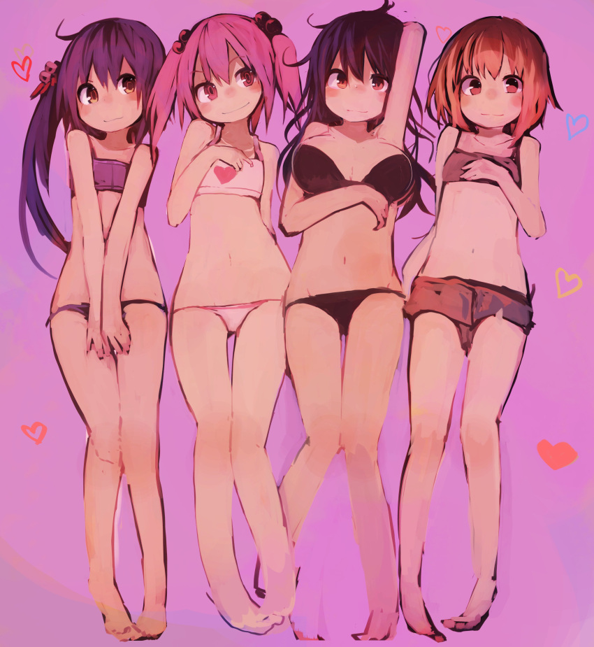 4girls, absurdres, akebono_(kantai_collection), black_hair, blush, bra, breasts, brown_eyes