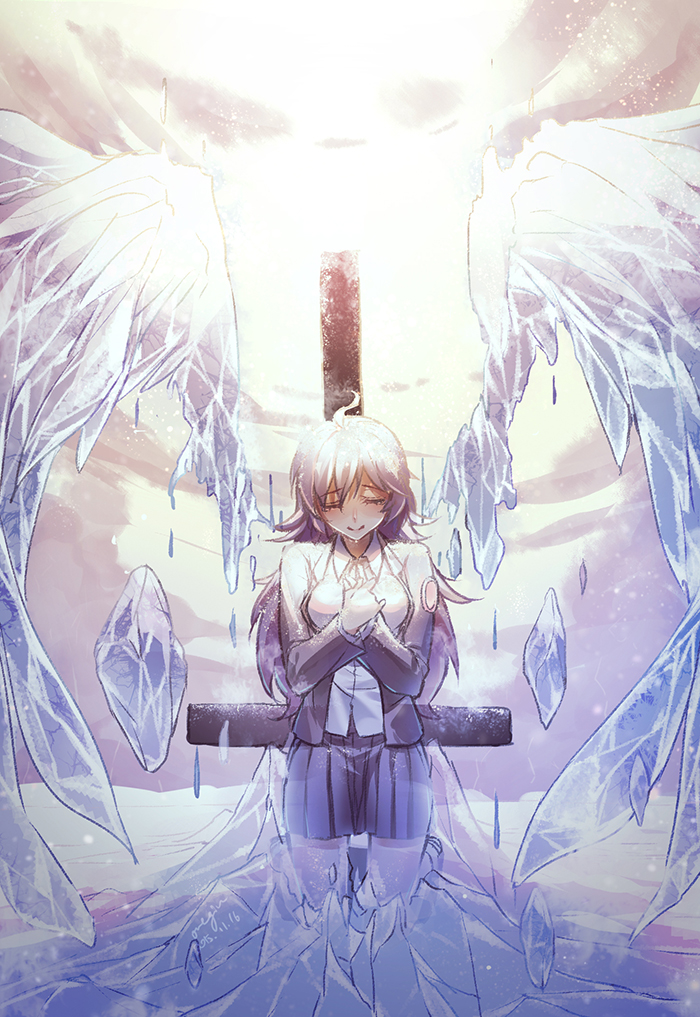 1girl, bloodline, closed_eyes, clouds, cross, ichi_yasushi, inverted_cross, kneeling