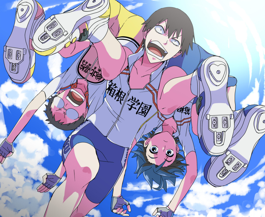 3boys, :o, arakita_yasutomo, black_hair, blue_eyes, blue_hair, carrying_over_shoulder, clouds