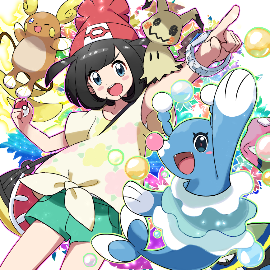 1girl, alolan_grimer, alolan_muk, alolan_raichu, bag, bangs, beanie, black_hair