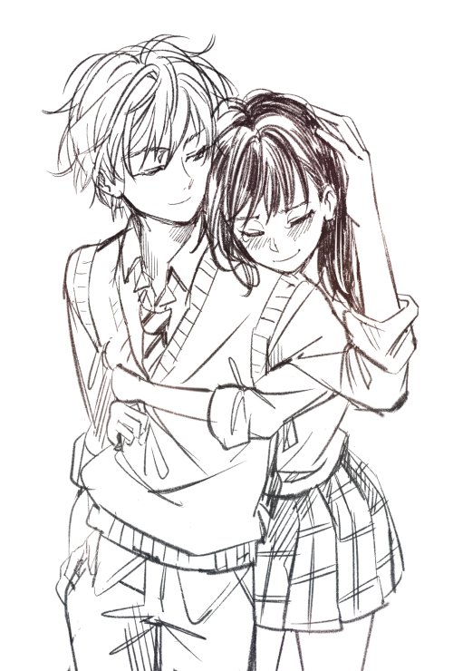 1boy, 1girl, blush, closed_eyes, coppelion, couple, hand_in_pocket, hand_on_another's_head