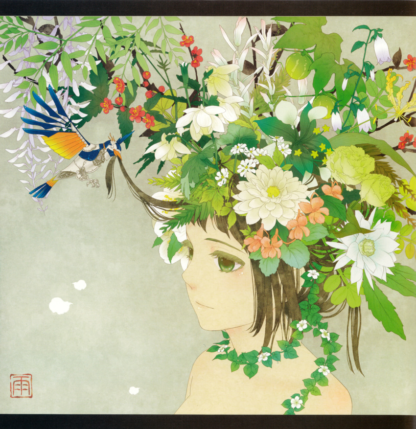 ame_(artist), ame_(conronca), bird, brown_hair, bust, flower, green_eyes, hair_ornament