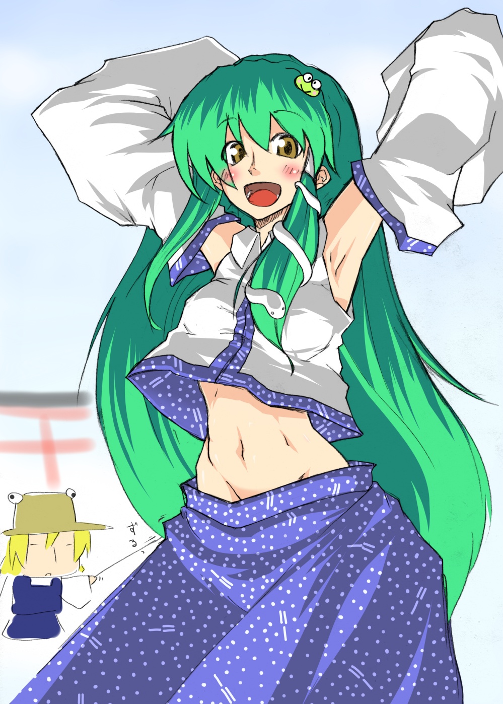 blonde_hair, detached_sleeves, frog, green_hair, hat, highres, jin_kashiwagi, kochiya_sanae