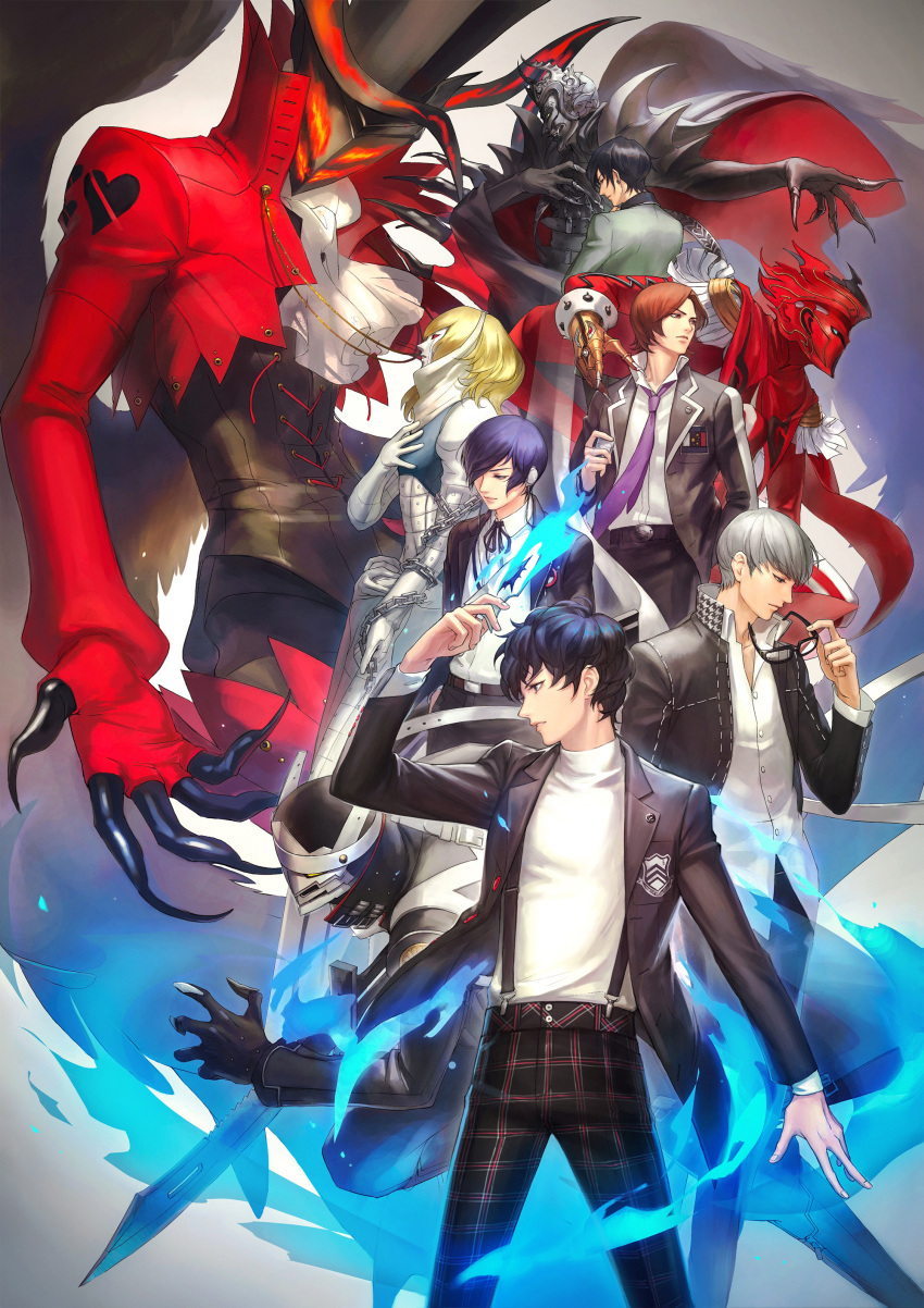 5boys, absurdres, apollo_(persona_2), arisato_minato, arsene_(persona_5), aura, black_hair, blue_hair