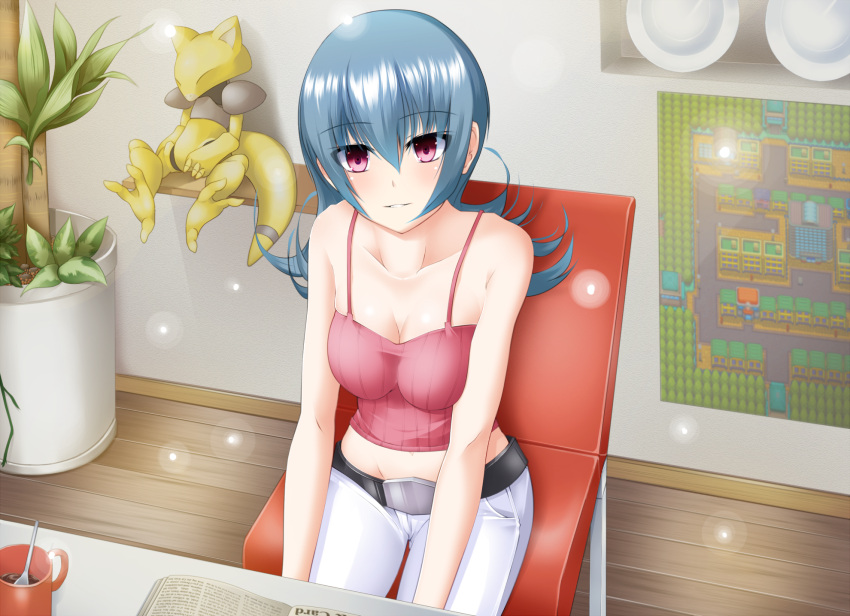1girl, abra, blue_hair, blush, book, breasts, chair, cleavage, coffee_cup, cup, curly_hair, highres, kokonoe_sekai, large_breasts, long_hair, looking_at_viewer, map, midriff, natsume_(pokemon), pants, plant, pokemon, pokemon_(game), pokemon_hgss, potted_plant, red_eyes, sitting, solo, spaghetti_strap, spoon, table