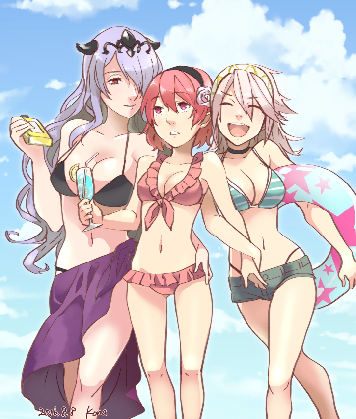 bikini, bikini_top, breasts, camilla_(fire_emblem_if), cleavage, female_my_unit_(fire_emblem_if), fire_emblem, fire_emblem_if, hairband, innertube, kona_(silent913), long_hair, multiple_girls, my_unit_(fire_emblem_if), navel, open_mouth, pink_hair, soleil_(fire_emblem_if), swimsuit, violet_eyes