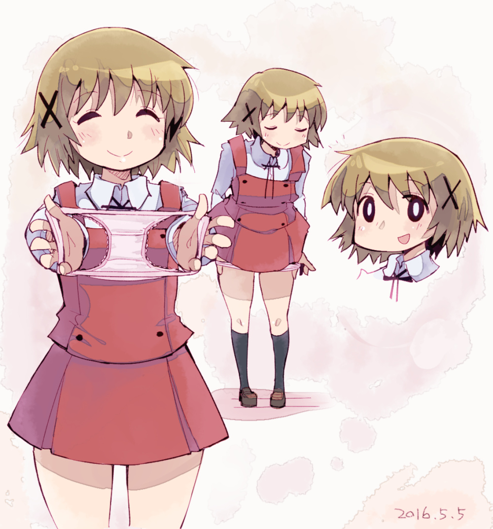 1girl, 4040_(abonriya), black_legwear, brown_hair, closed_eyes, hair_ornament, hidamari_sketch, holding