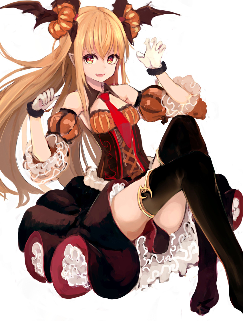 1girl, absurdres, bare_shoulders, bat_wings, black_legwear, black_skirt, blonde_hair, bloomers, breasts, corset, detached_sleeves, fang, fur_trim, gloves, granblue_fantasy, hair_ornament, halloween_costume, head_wings, highres, homo_1121, knees_up, long_hair, looking_at_viewer, necktie, parted_lips, pointy_ears, red_necktie, shingeki_no_bahamut, sidelocks, skirt, small_breasts, smile, solo, thigh-highs, underwear, vampire, vampy, white_gloves, wings, yellow_eyes