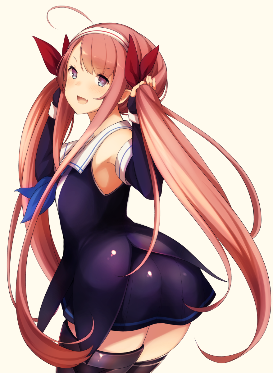 >:d, 1girl, :d, ahoge, ass, asymmetrical_bangs, bangs, black_gloves