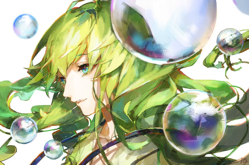 1boy, androgynous, blue_eyes, bubble, collarbone, commentary_request, enkidu_(fate/strange_fake), fate/strange_fake