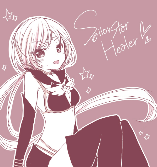 1girl, aono_(xpayox), bishoujo_senshi_sailor_moon, boots, character_name, choker, circlet, elbow_gloves, gloves, hair_tubes, midriff, monochrome, navel, ponytail, sailor_collar, sailor_star_healer, short_shorts, shorts, sitting, solo, star, thigh-highs, thigh_boots, tongue, tongue_out, yaten_kou