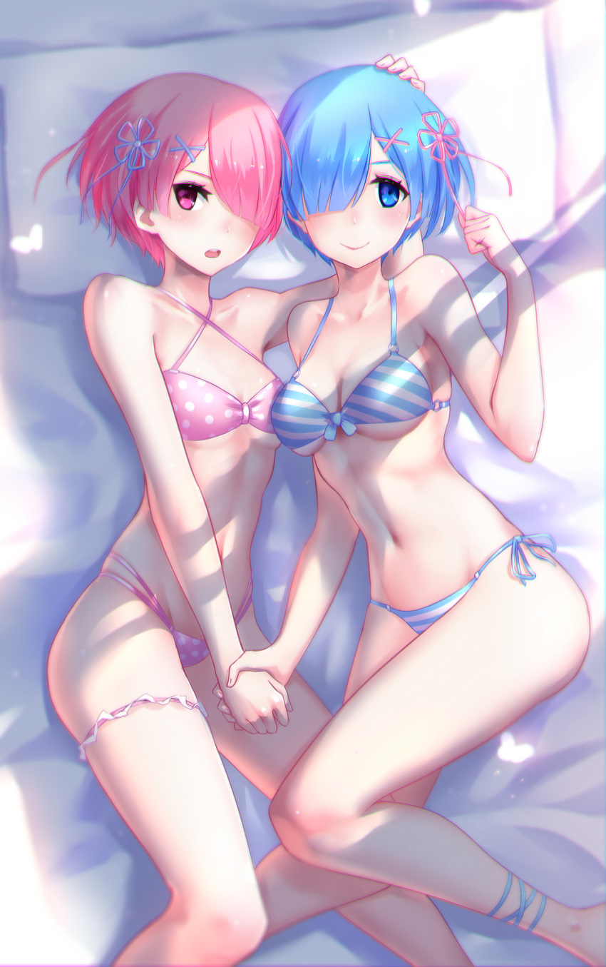 >:o, 2girls, :o, alternate_costume, bare_shoulders, barefoot, bed, bed_sheet