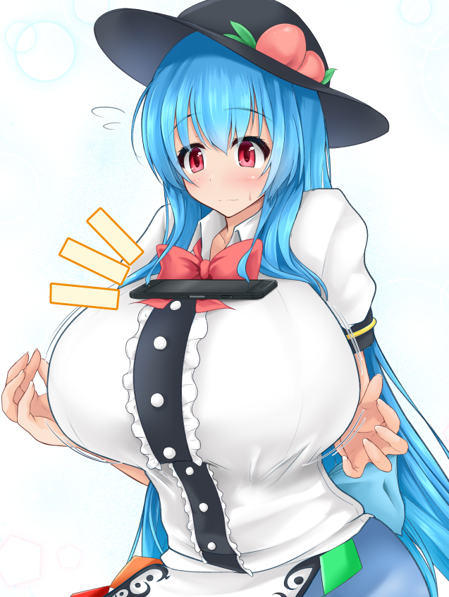 1girl, blue_hair, blush, bouncing_breasts, bow, bowtie, breasts, cellphone, commentary, dress, flying_sweatdrops, food, food_on_head, fruit, fruit_on_head, hat, hinanawi_tenshi, huge_breasts, hydrant_(kasozama), layered_dress, long_hair, object_on_head, peach, phone, red_eyes, smartphone, solo, sweat, tareme, tawawa_challenge, touhou, very_long_hair, wavy_mouth