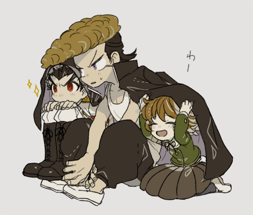 >:o, 3boys, :o, ^_^, armband, arms_up, bare_arms, between_legs