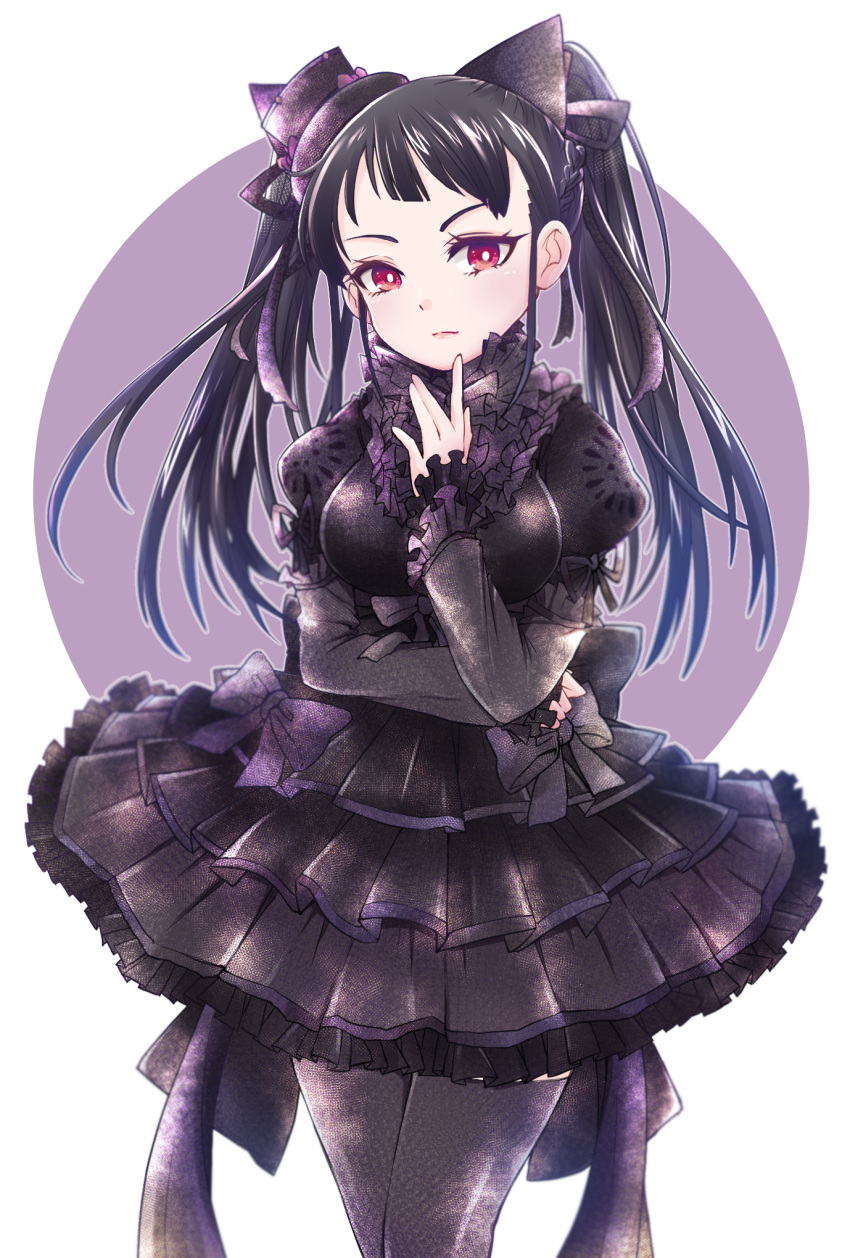 1girl, bangs, black_bow, black_dress, black_hair, black_hat, black_legwear, blurry