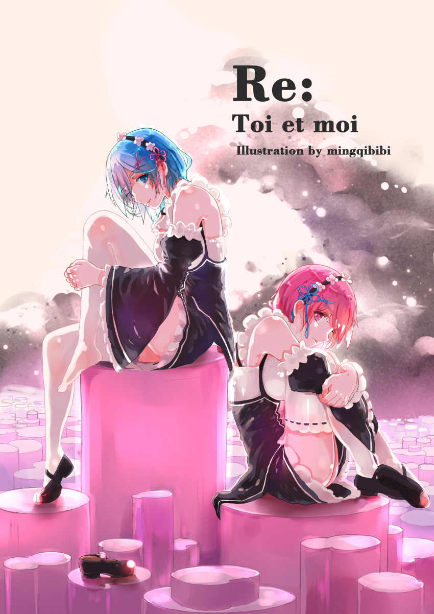2girls, absurdres, black_shoes, blue_eyes, blue_hair, breasts, detached_sleeves, dress