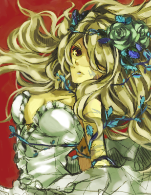 blonde_hair, blue_lipstick, blue_rose, breasts, cleavage, dress, flower, frills